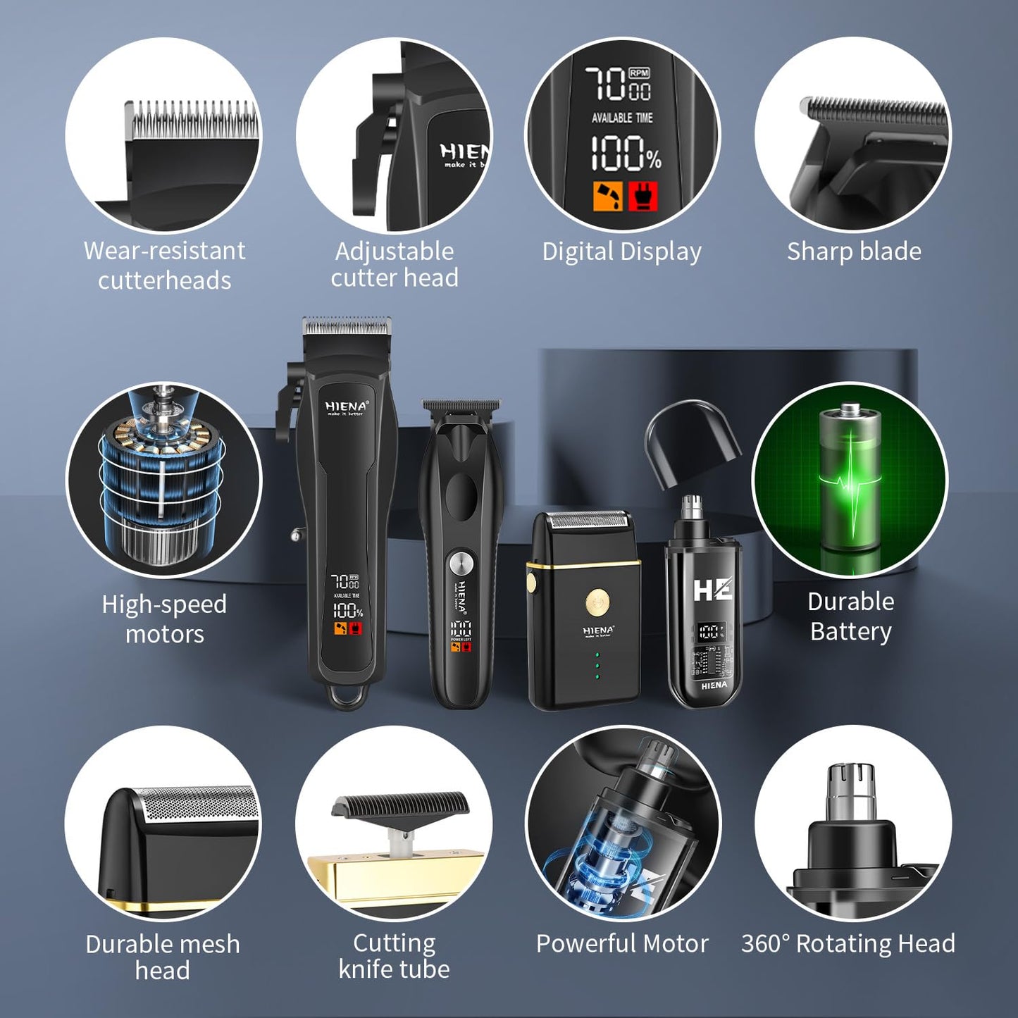 HIENA PRO Hair Clippers for Men Professional, Cordless Barber Clipper T-Blade Beard/Hair Trimmer Electric Razor Foil Shaver Set, Men's Hair Cutting Kit with LED Display, Barber or Home Use