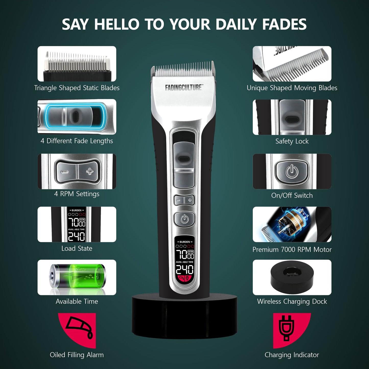 The Fadify 2.0 Cordless Hair Clippers for Men, 7000RPM Professional Barber Clippers Detachable Inclined Blade, Mens Hair Clippers Fading Culture Hair Trimmer Cutting Kit Rechargeable LCD Men Boy Gift