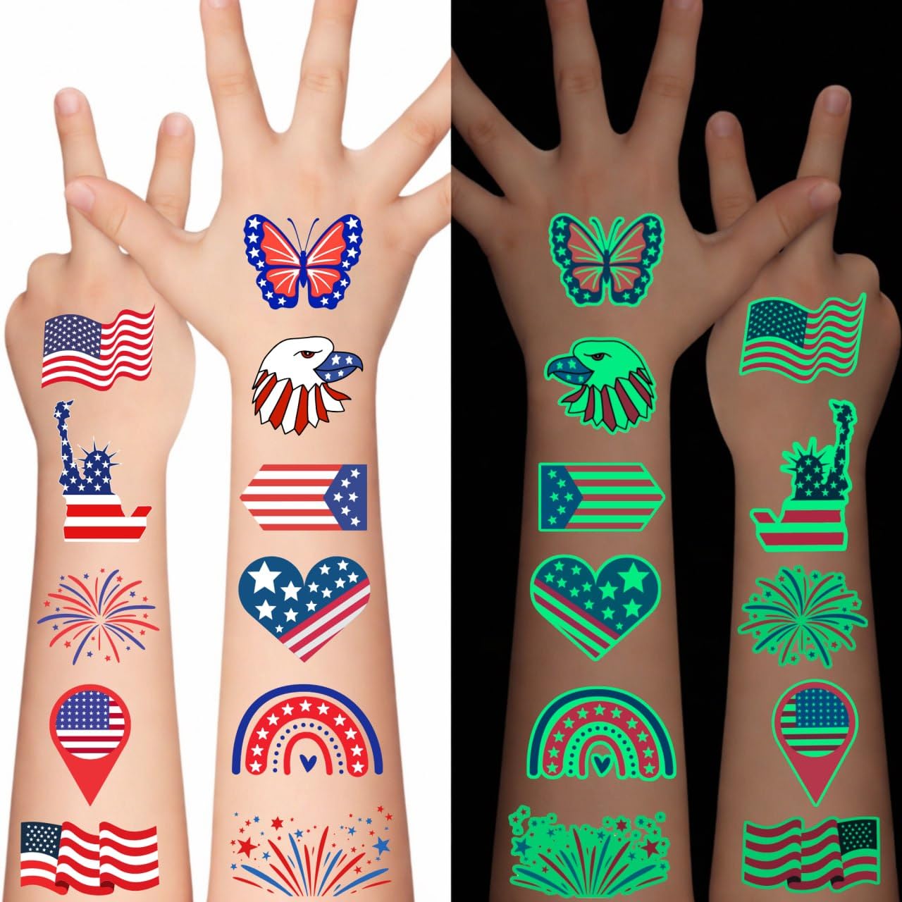 Luminous 4th of July Temporary Tattoos - Glow in Dark Patriotic Party Favors | Red, White & Blue Designs