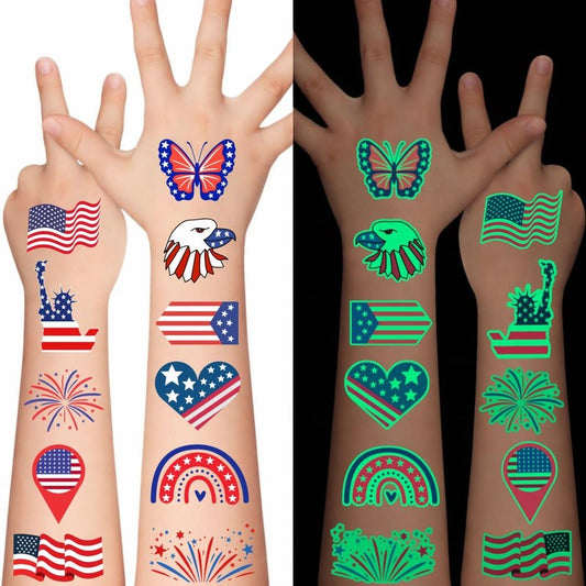Luminous 4th of July Temporary Tattoos - Glow in Dark Patriotic Party Favors | Red, White & Blue Designs