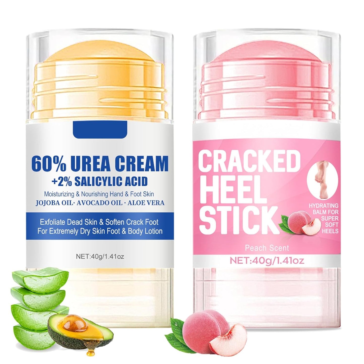 Urea Hydrating Foot Cream - 60% Moisturizing Formula for Cracked Feet & Hands | Aloe & Peach Scent, 2pcs