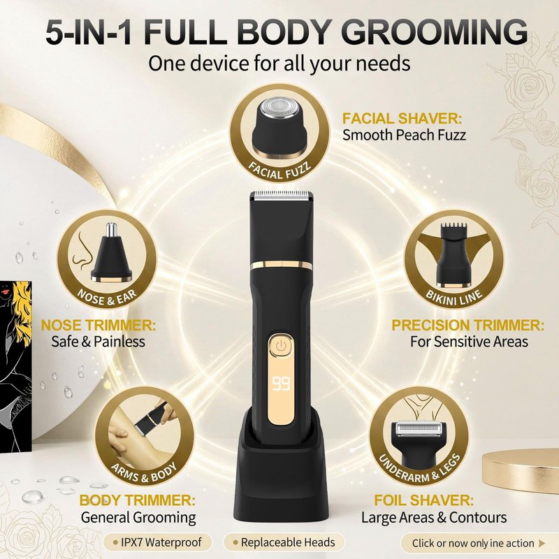 Bikini Trimmer for Women,Electric Shaver for Women, IPX7 Waterproof Razor Shaver,Women's Electric Razor,Intimate Shaver for Women,with 5 Blades,USB-C Rechargeable,Recharge Dock(Black)