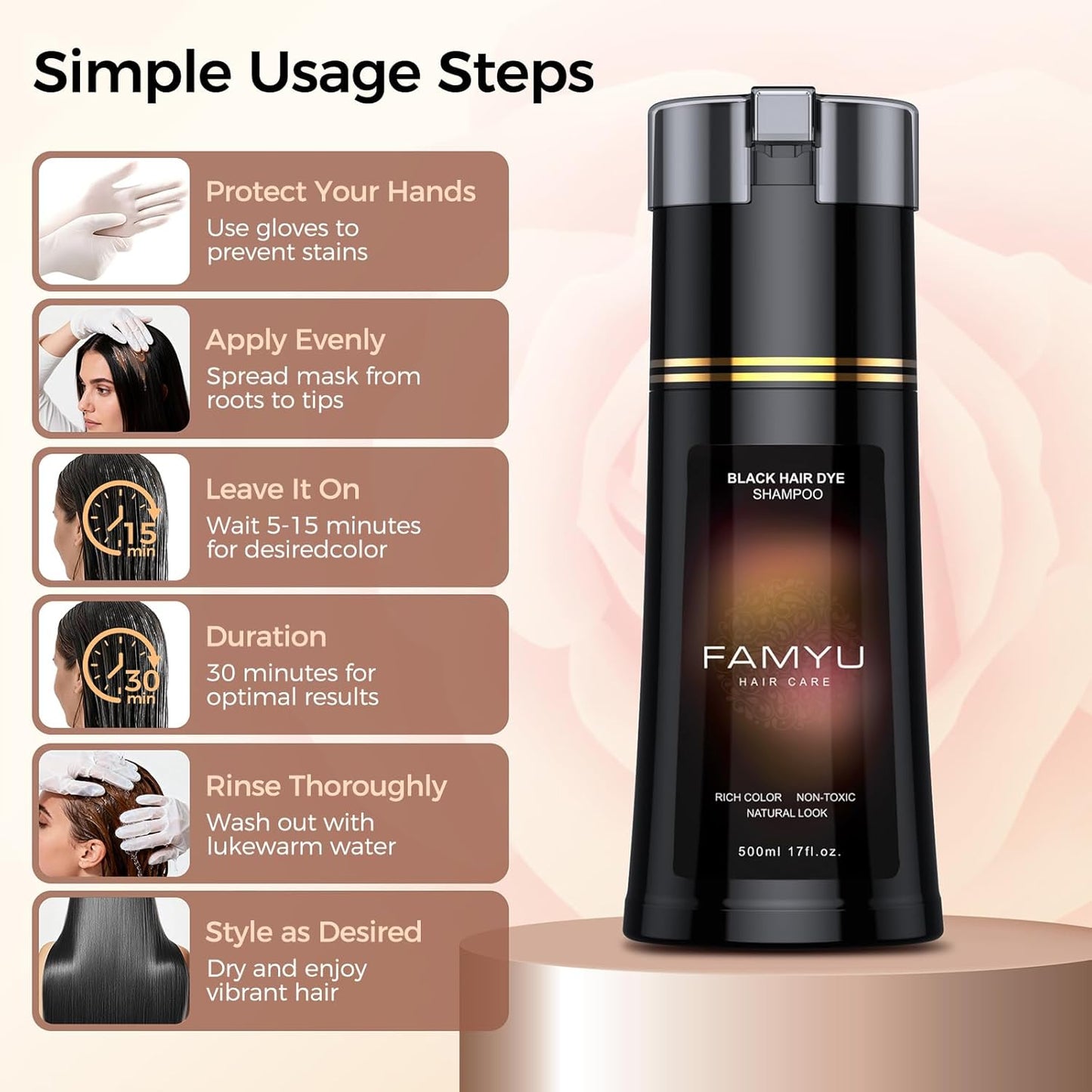 Black Hair Dye Shampoo - Long-Lasting Color for Men & Women | Herbal Formula for Grey Coverage, 17oz