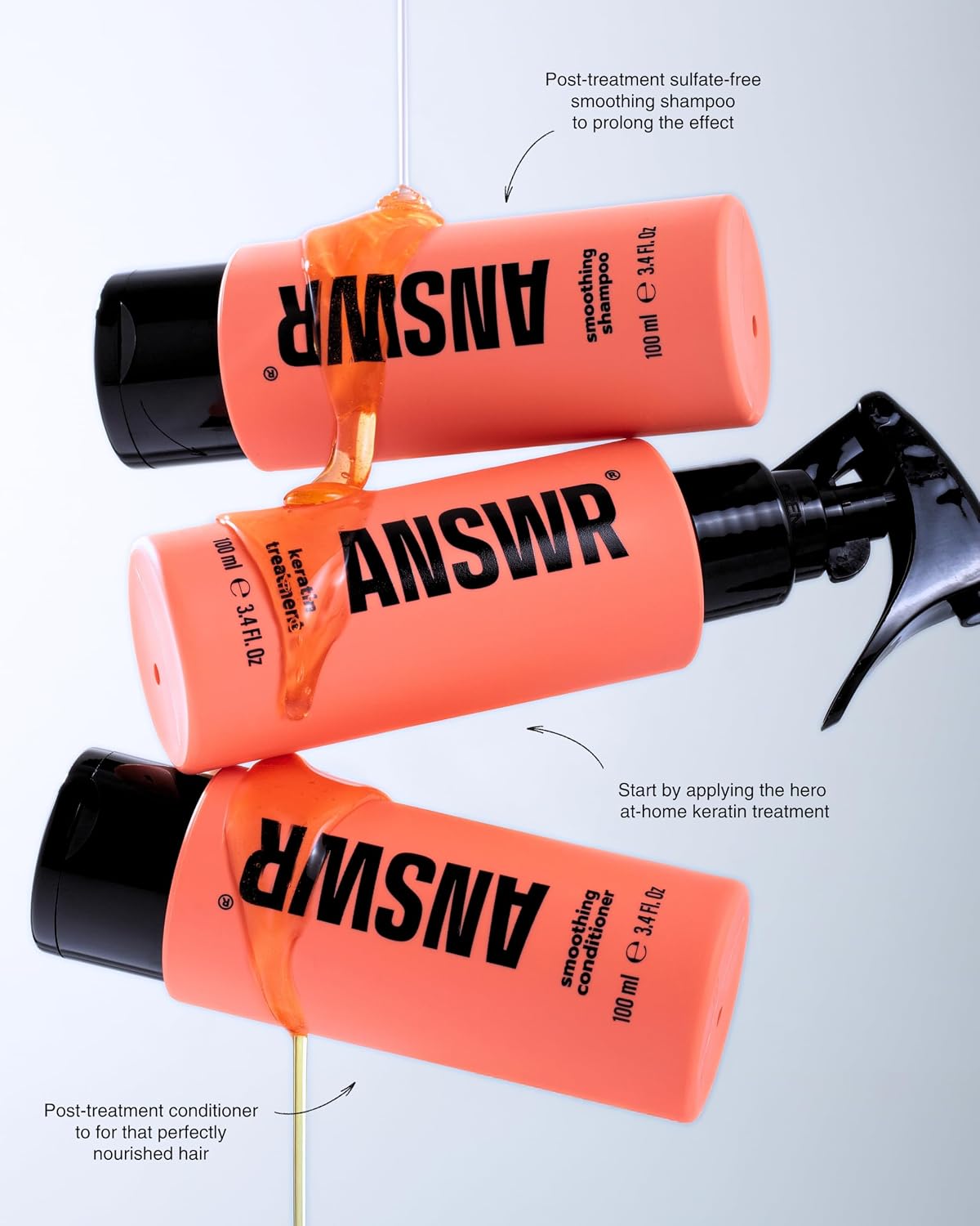 ANSWR Brazilian Keratin Hair Treatment - Eliminate Frizz, Salon Results at Home | Sulfate-Free, Safe for Colored Hair (3 x 100ml Kit)