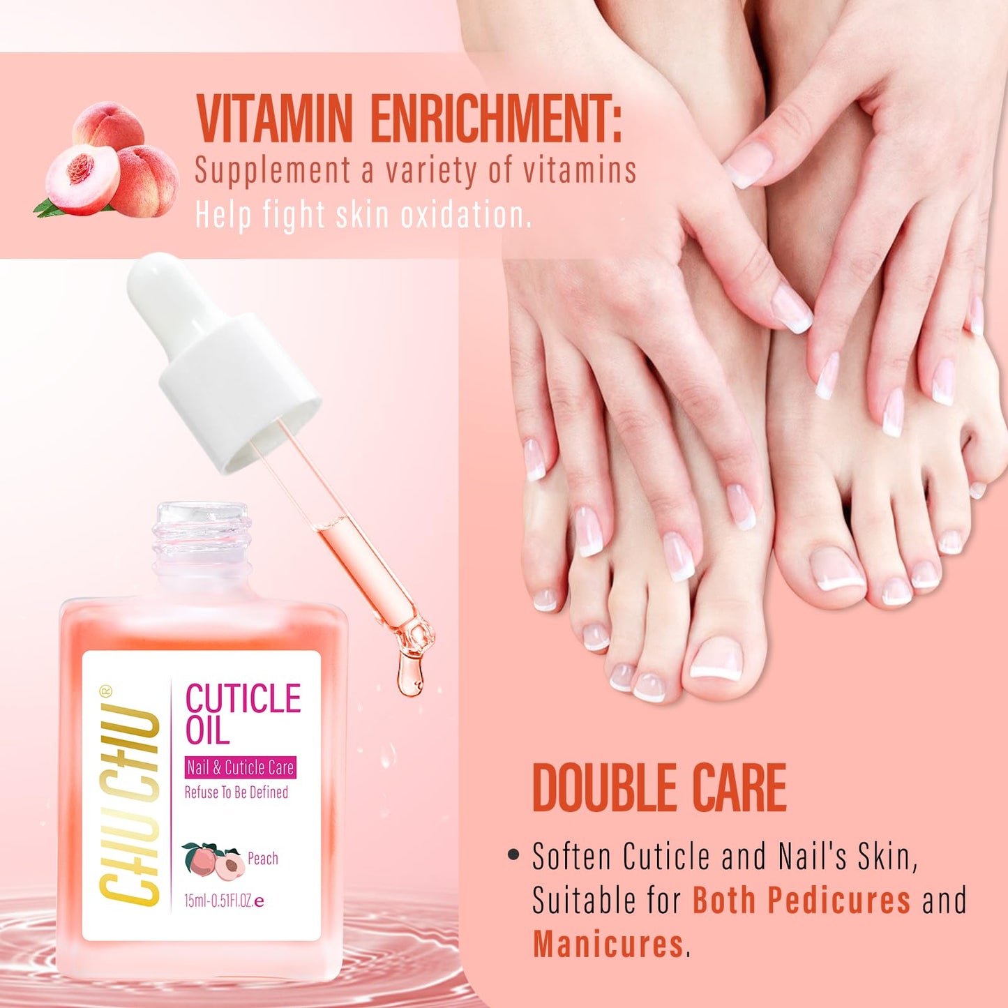 CHUCHU Cuticle Oil for Nails,Jojoba Nail Cuticle Oil Contain Vitamin B & E,Moisturizes Cuticle and Nail's Skin,Strengthens Nails,Prevents Hangnails and Chapped,Peach 15ml