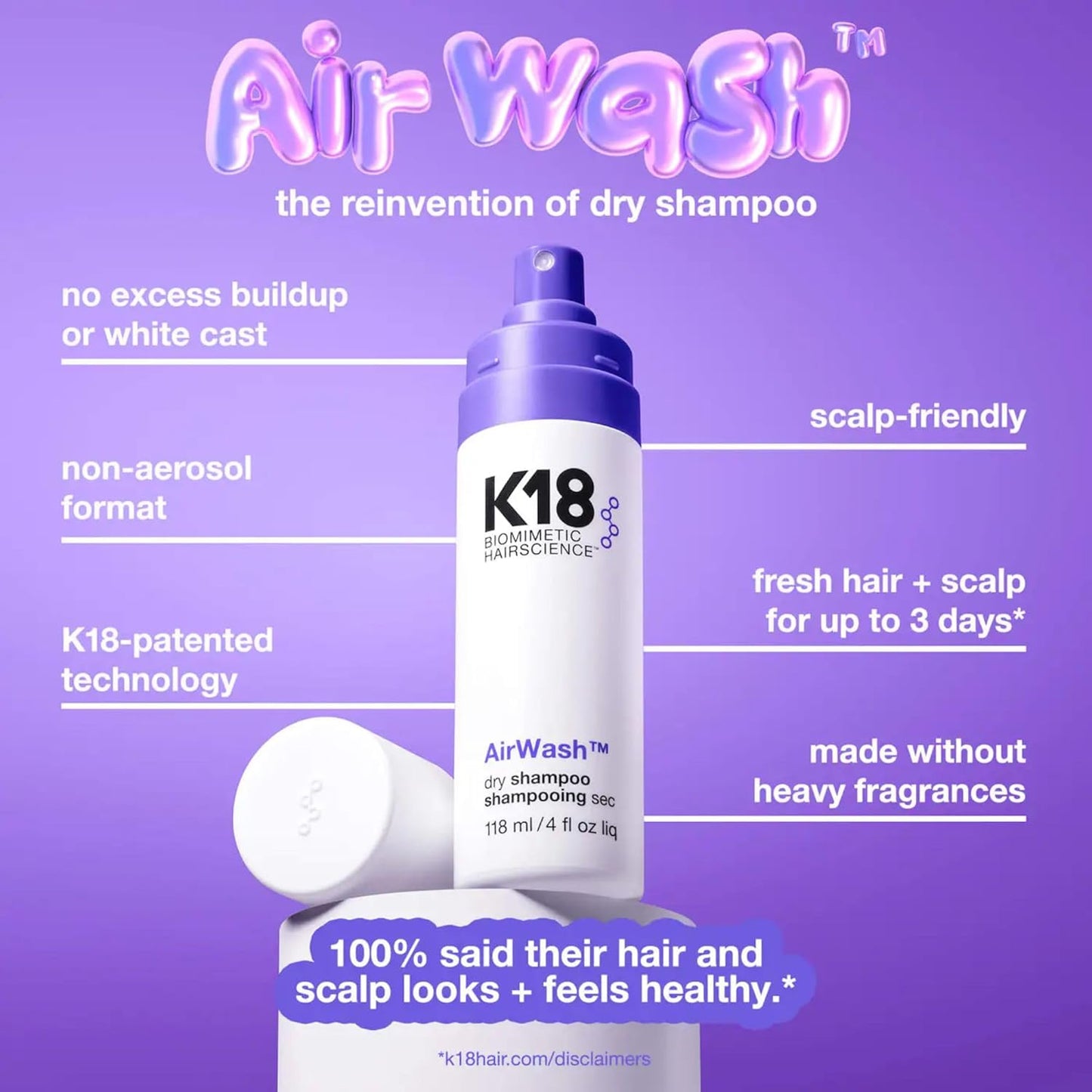 K18 AirWash™ Dry Shampoo - Non-Aerosol Formula for Balanced Scalp & Oil Control | 5 oz