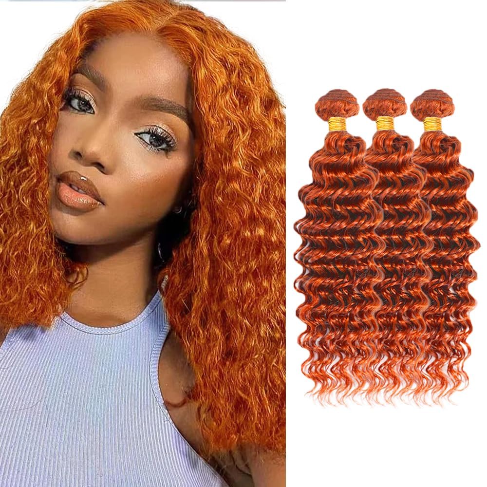 Color 350 Human Hair Bundles Ginger Deep Wave Bundle 20 22 24 inch AuokMar Mixed Length 3 Bundles Ginger Copper Hair Extensions 300g
