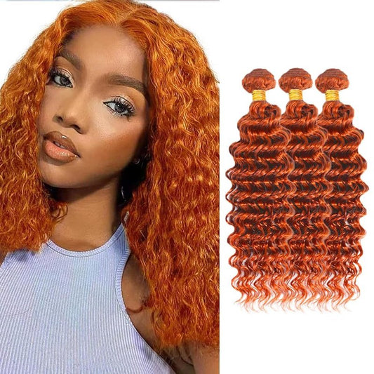 Color 350 Human Hair Bundles Ginger Deep Wave Bundle 20 22 24 inch AuokMar Mixed Length 3 Bundles Ginger Copper Hair Extensions 300g