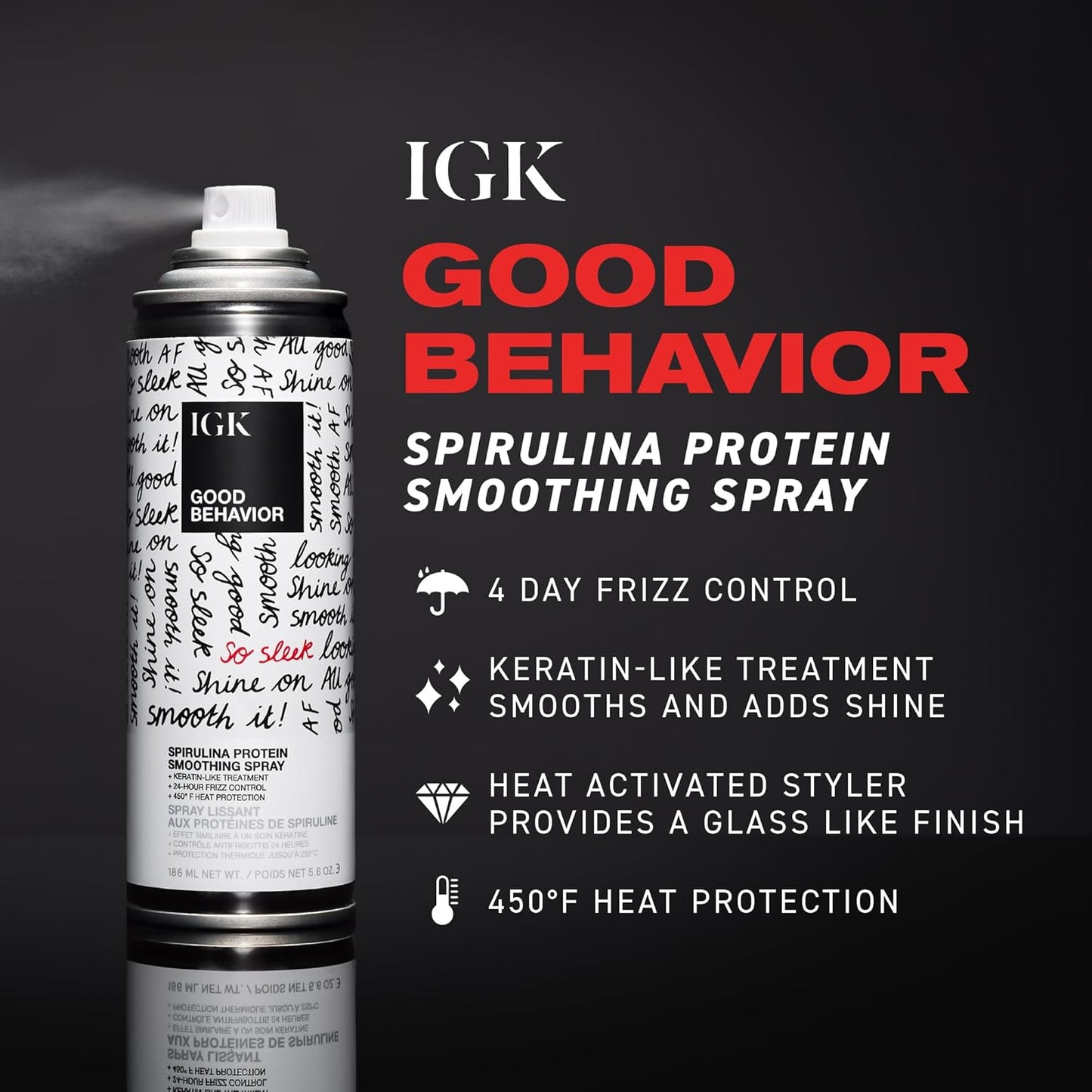 IGK Good Behavior Spirulina Protein Smoothing Spray - 4-Day Frizz Control & Heat Protectant | Vegan, 5.6 Oz