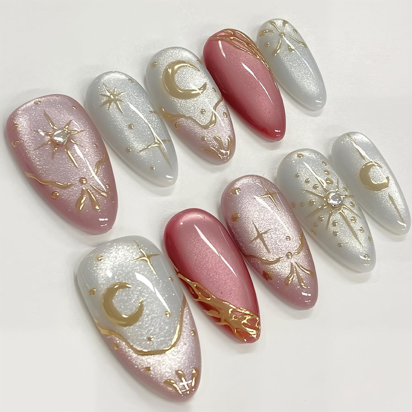 Almond Press-On Nails - Medium Length Pink French Tip with Gold Stars & Moon | 30 Pcs Full Cover Acrylic Nail Set for Women