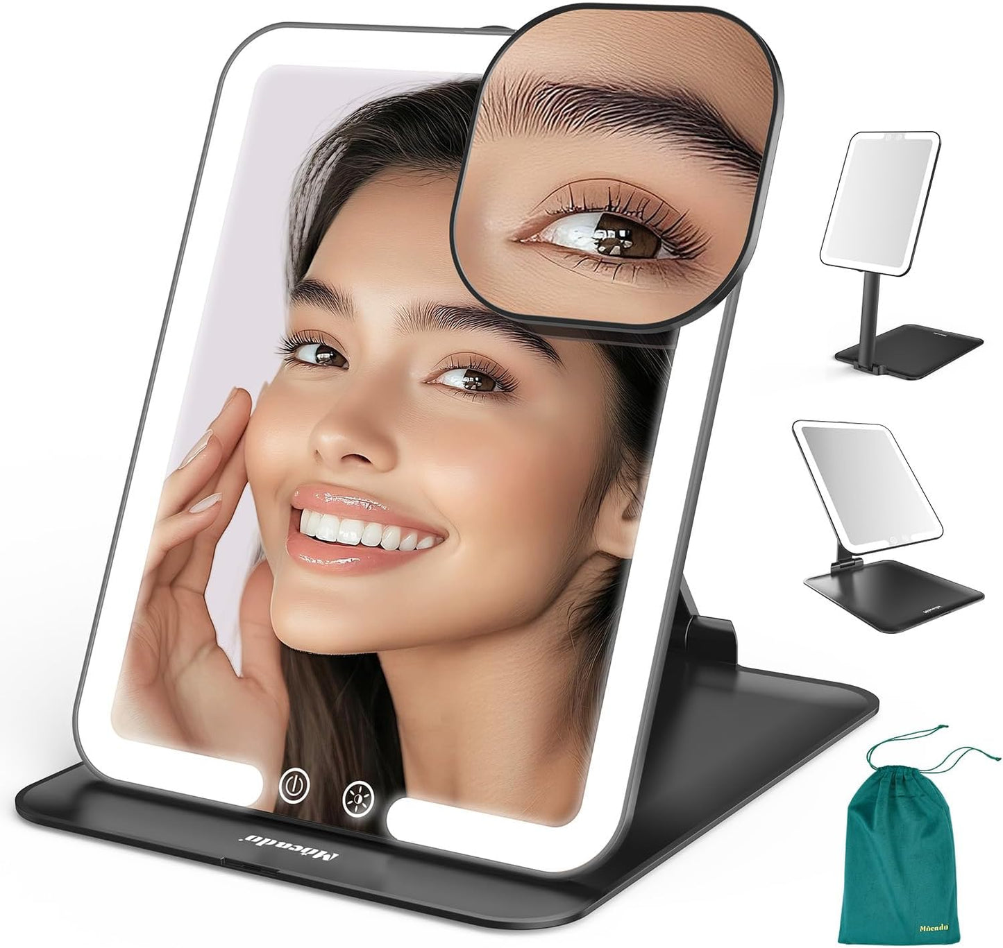Mocado Travel Makeup Mirror - Lighted Triple Folding Vanity Mirror with 3 Color Settings | Rechargeable 1500mAh Battery, Adjustable Height & Angle (Black)