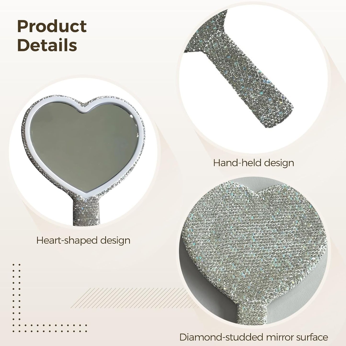 Heart Shaped Handheld Mirror - Sparkling Rhinestone Cosmetic Mirror for Women | Portable Travel Size 6.3 x 4.3 in / 16 x 11 cm - White