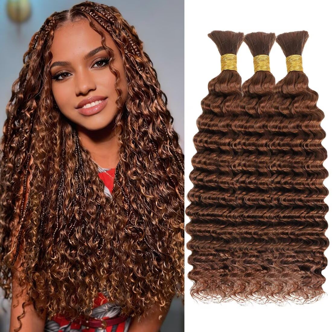 Boho Hair for Braiding, Curly Virgin Human Braiding Hair for Women, 12A Knotless Deep Wave Bulk Bohemian Styles, 150g 24 Inch 3 Bundles/Pack Auburn copper Color 30