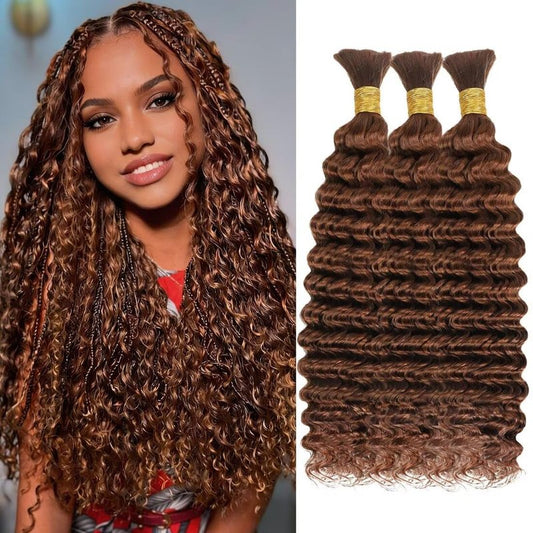 Boho Hair for Braiding, Curly Virgin Human Braiding Hair for Women, 12A Knotless Deep Wave Bulk Bohemian Styles, 150g 24 Inch 3 Bundles/Pack Auburn copper Color 30