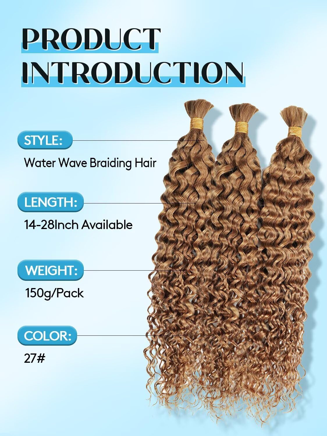 100% Unprocessed Human Hair for Braiding, #27 Honey Blonde Pre-Separated Curly Bulk Hair, 12A Grade Boho Braiding Hair Extensions,Water Natural Soft Texture, 14 Inch 150g 3 Bundles