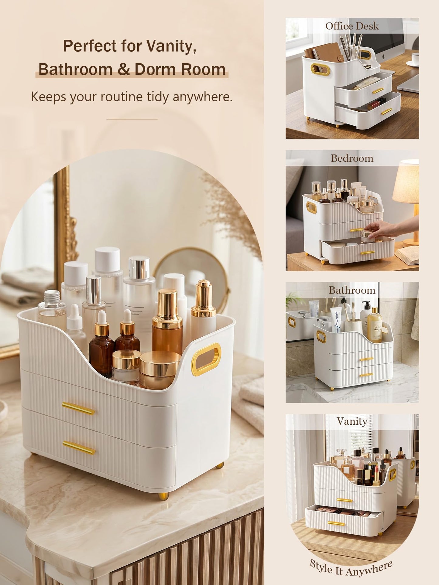 Booklov Countertop Makeup Organizer with Drawers, 3 Tier Large Cosmetic Storage Box for Vanity, Bathroom Counter, Dresser, Skincare Display Case for Lipsticks, Beauty Palettes, Teen Girl Gifts, White