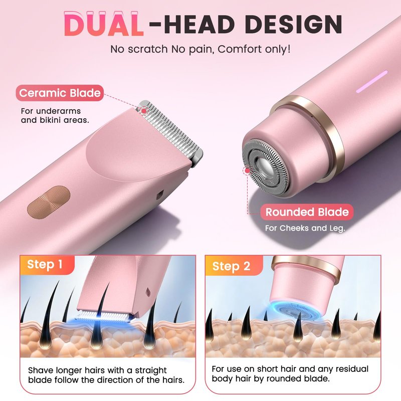Bikini Trimmer for Women, 2-in-1 Electric Razor with Dual Head, IPX7 Waterproof Body Hair Trimmer for Pubic Hair, Legs, Underarms and Sensitive Areas, Cordless Rechargeable(Pink)
