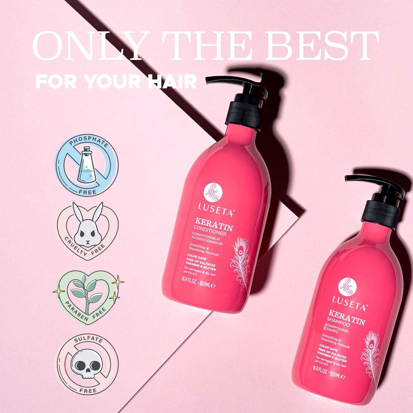 Luseta Keratin Shampoo & Conditioner Set | Color Safe Treatment for Damaged Hair - 2 x 16.9 Oz