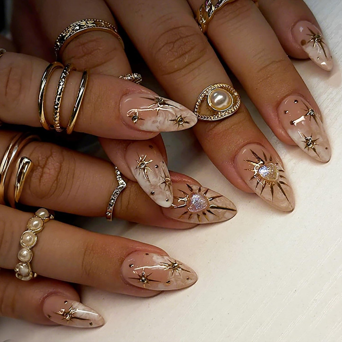Almond Press-On Nails - 24Pcs Medium Length Gold Star Designs | Full Cover Nude Gradient Acrylic with Rhinestones