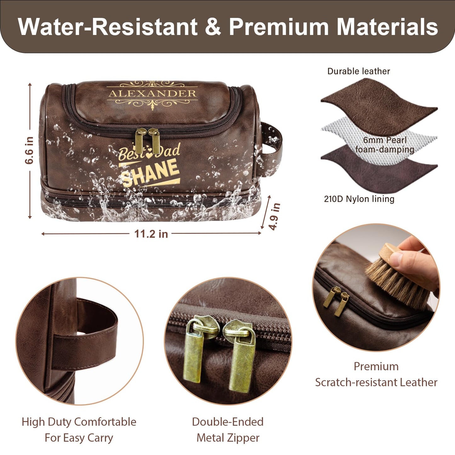 Personalized Toiletry Bag for Men, Engraved Name & Text, Father's Day Birthday Gifts for Men, Dad, Leather Men's Toiletry Bag for Traveling, Customized Gifts for Husband, Grandpa, Lover (DarkBrown)