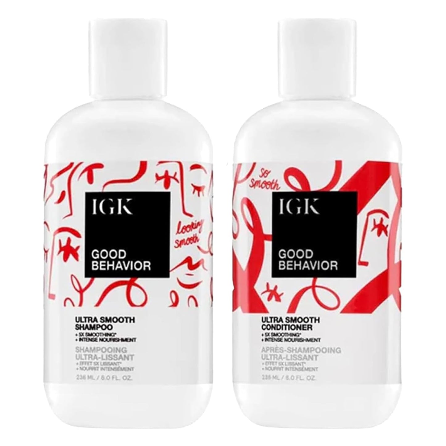 IGK Good Behavior Ultra Smooth Shampoo & Conditioner Set - Frizz Control & Shine | Vegan & Cruelty-Free | 8 oz (Pack of 2)