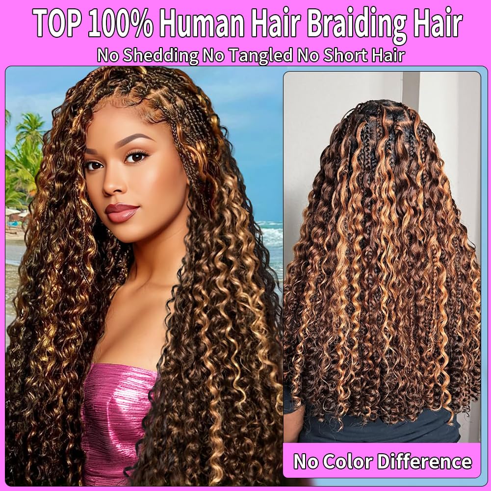 Human Braiding Hair for Boho Braids 120g Highlight Boho Bulk Human Hair for Braiding Curly Deep Wave Bundles Ombre Human Hair Bundles Wet and Wavy Bohemian Braids No Weft 3 Bundles 4/27 Color 22 Inch