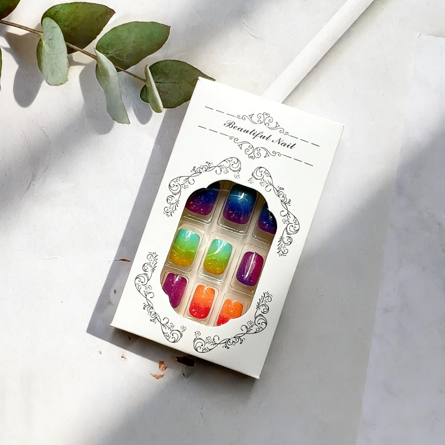 Colorful Press-On Nails - Short Square Acrylic Nails with Gradient Rainbow & White Dots | Full Cover DIY Manicure