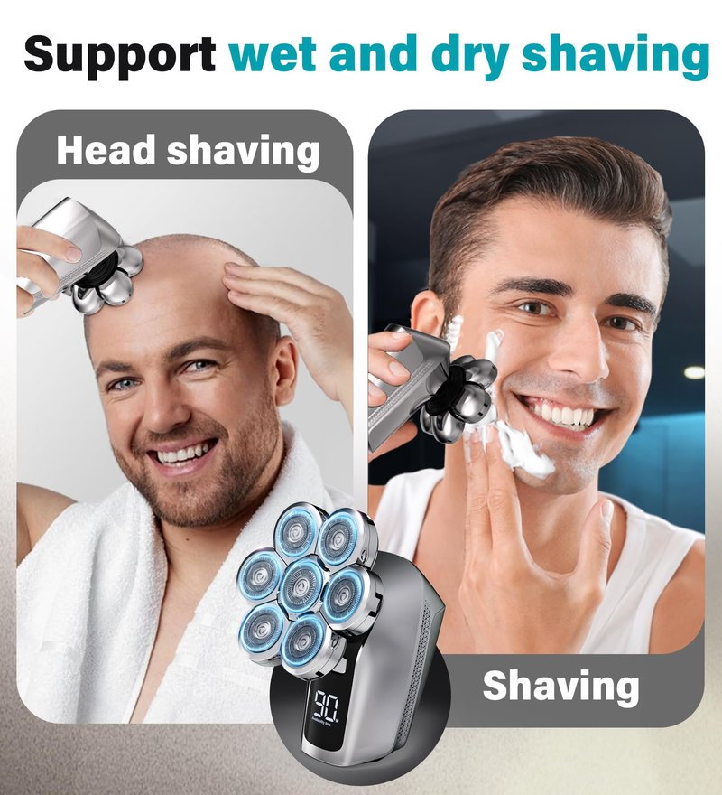 Gisaae Head Shavers for Bald Men, Upgraded 7D Electric Razor, Cordless Rechargeable, Ipx7 100% Waterproof, Dry & Wet Bald Head Shaver, Beard Grooming Kit with Led Display
