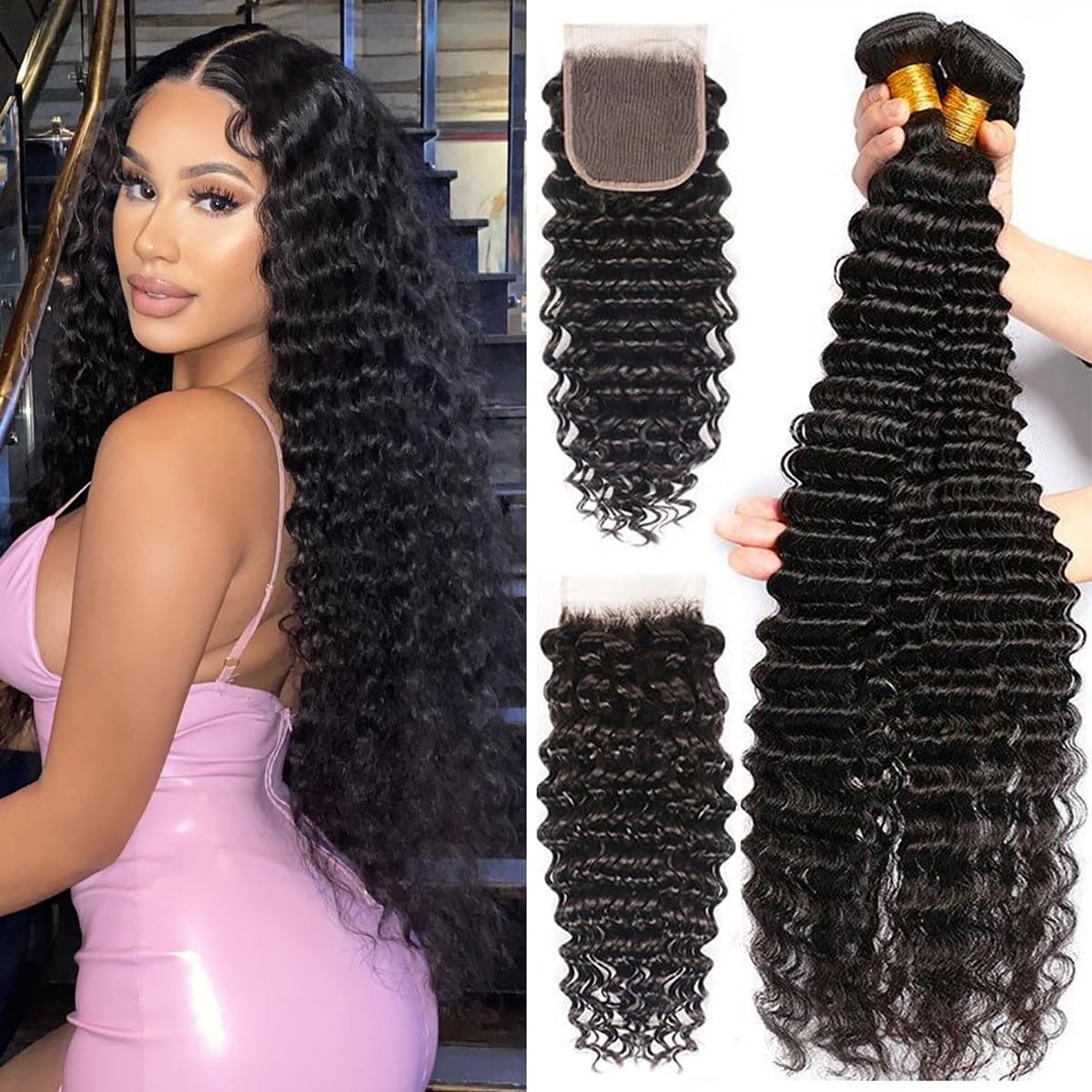 12A Deep Wave Human Hair Bundles with Closure 18 18 20 20+16 Inch Brazilian Deep Wave Curly 4 Bundles with Lace Closure 100% Unprocessed Virgin Remy Wet and Wavy Human Hair Weave