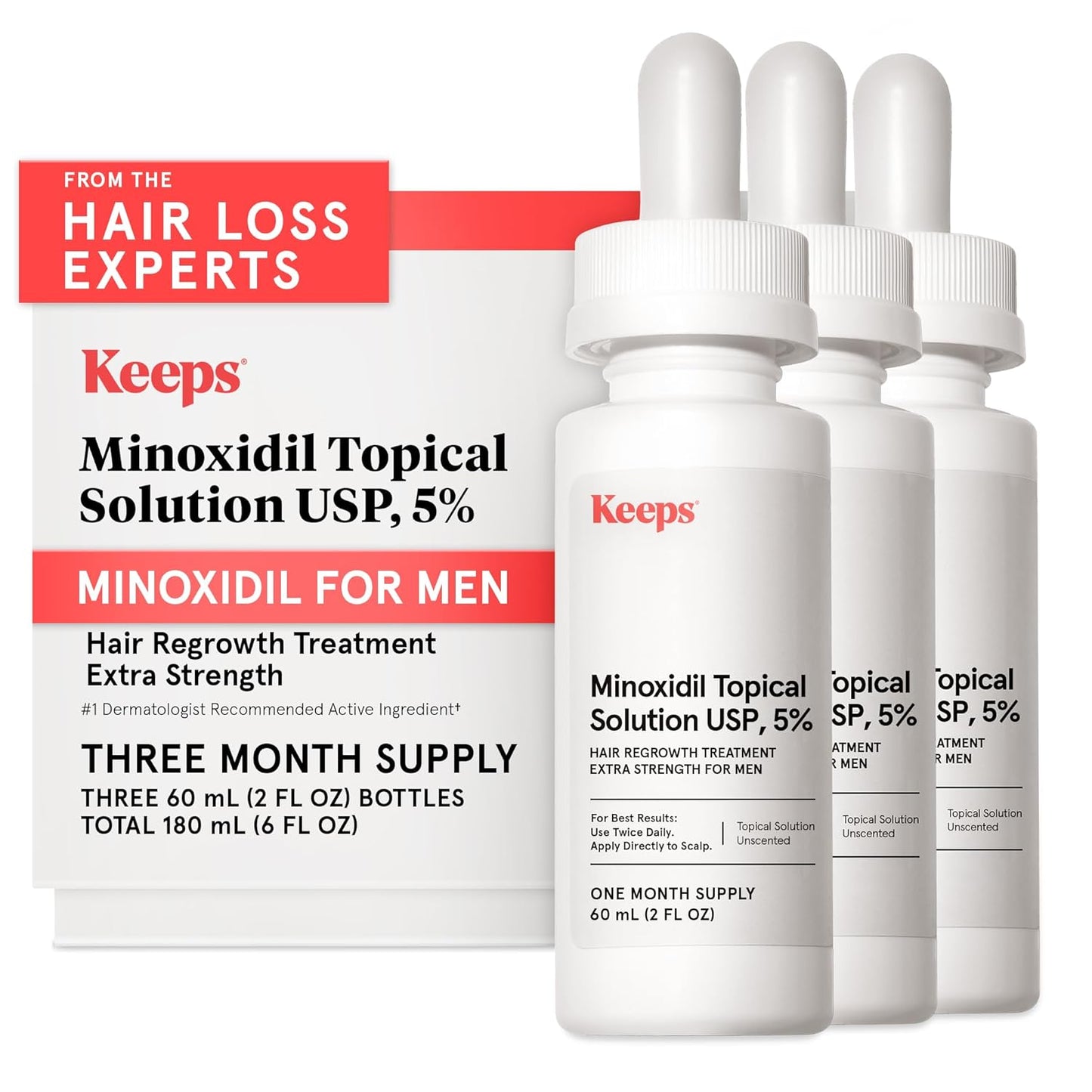Minoxidil Solution 5% for Men - Extra Strength Hair Regrowth Treatment - Non-Greasy Formula | 3 Month Supply (3 x 2 fl oz Bottles)
