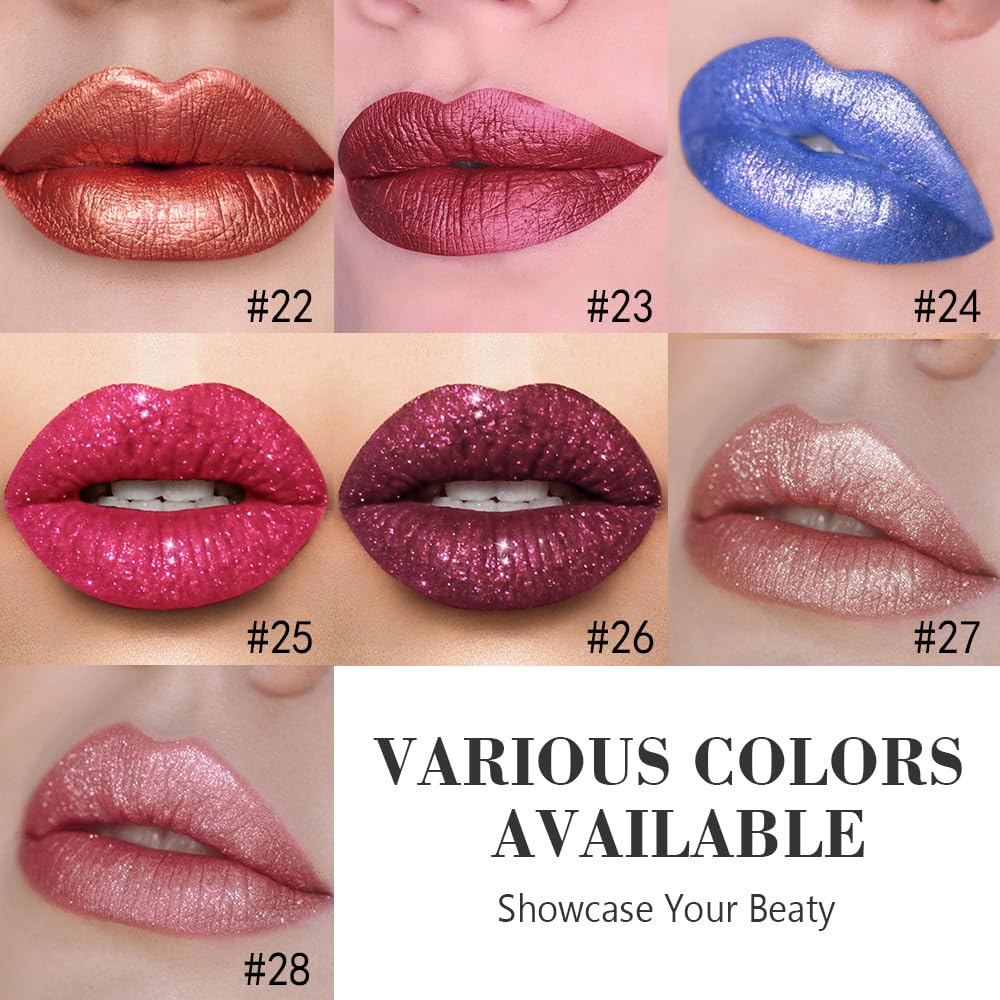 Dark Purple Red Metallic Glitter Lip Liner & Lipstick Combo - Long Lasting Waterproof Liquid Lipstick Set for Women | Iridescent Shine, Non-Stick Cup