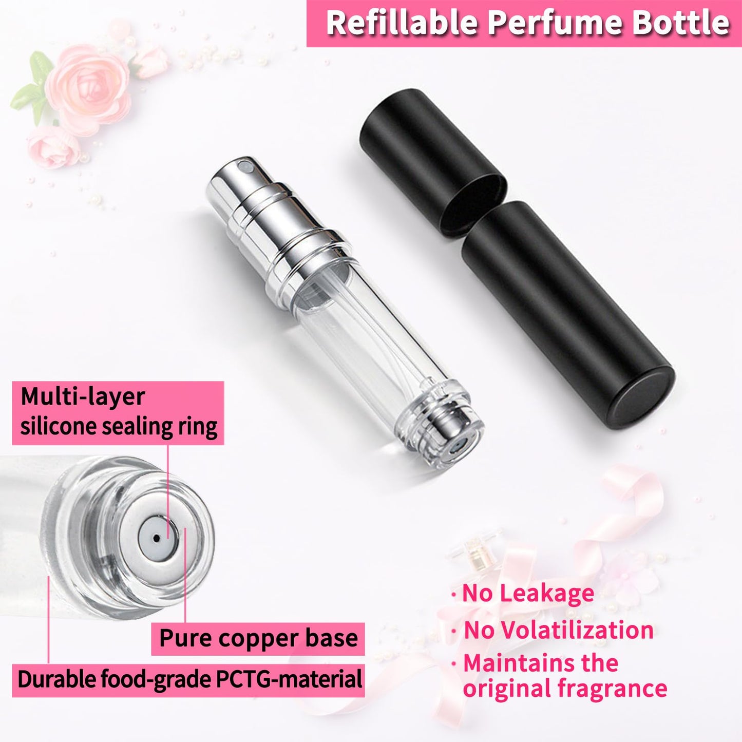 ANTOKX Travel Perfume Bottle Refillable Atomizer - 2-Pack 5ML Perfume Atomiser, Leakproof Portable Perfume Sprayer (Black & Gray)