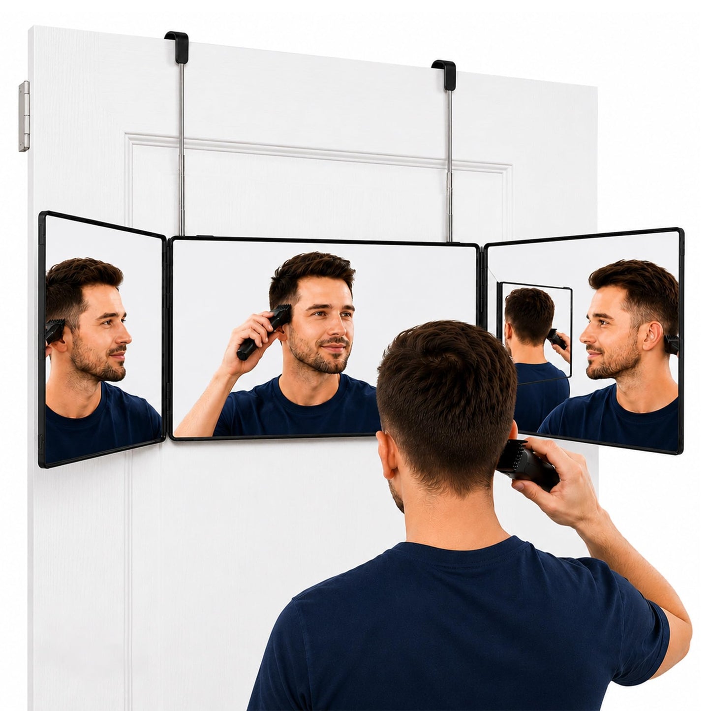 LAITEMEN 3 Way Mirror for Self Hair Cutting, 360 Barber Mirror Self Cut for Braiding Hair, 3way Haircut to See Back of Head for Men and Women, Black (Without LED)