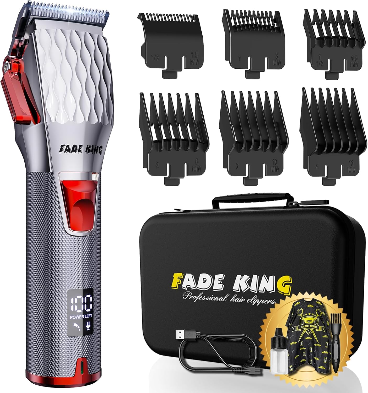 Professional Hair Clippers for Men - Cordless Barber Clippers with LED Display | Rechargeable Hair Cutting Kit for Fade & Taper (Silver & Red)