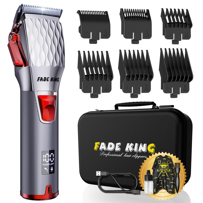 FADEKING Professional Hair Clippers for Men, Cordless Barber Clippers with LED Display, Rechargeable Hair Cutting Kit for Fade & Taper, Fathers Day Gift for Dad Men Husband (Silver+red)