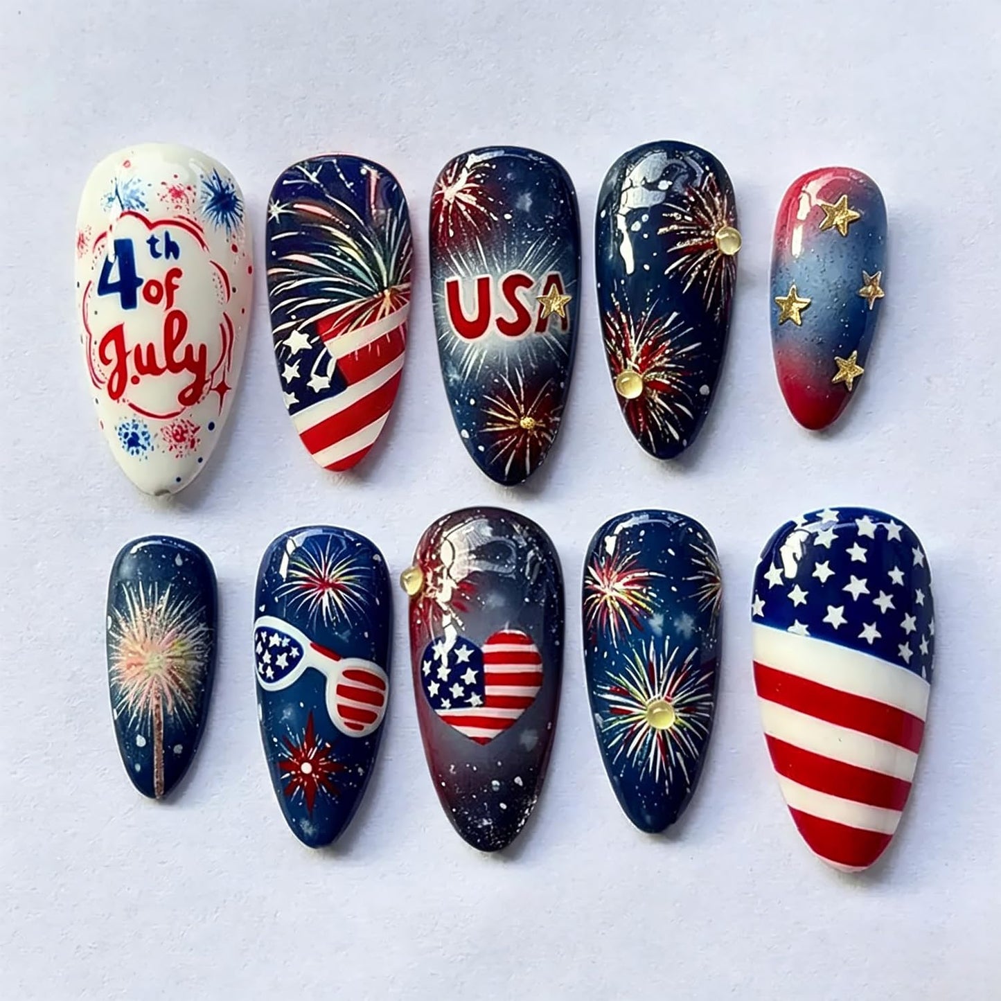 Press On Nails - 24Pcs Medium Almond French Tip with 3D Gold Starfish & Flower Designs | Full Cover Summer Acrylic Nails
