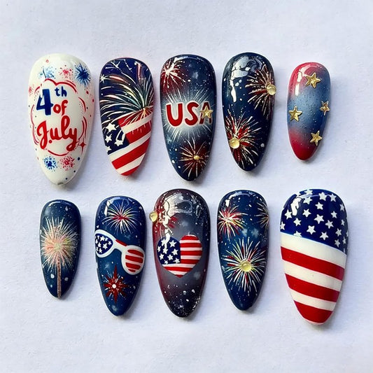 30Pcs 4th of July Press-On Nails - Medium Almond Patriotic Acrylic Nails | Red, Blue & White Designs