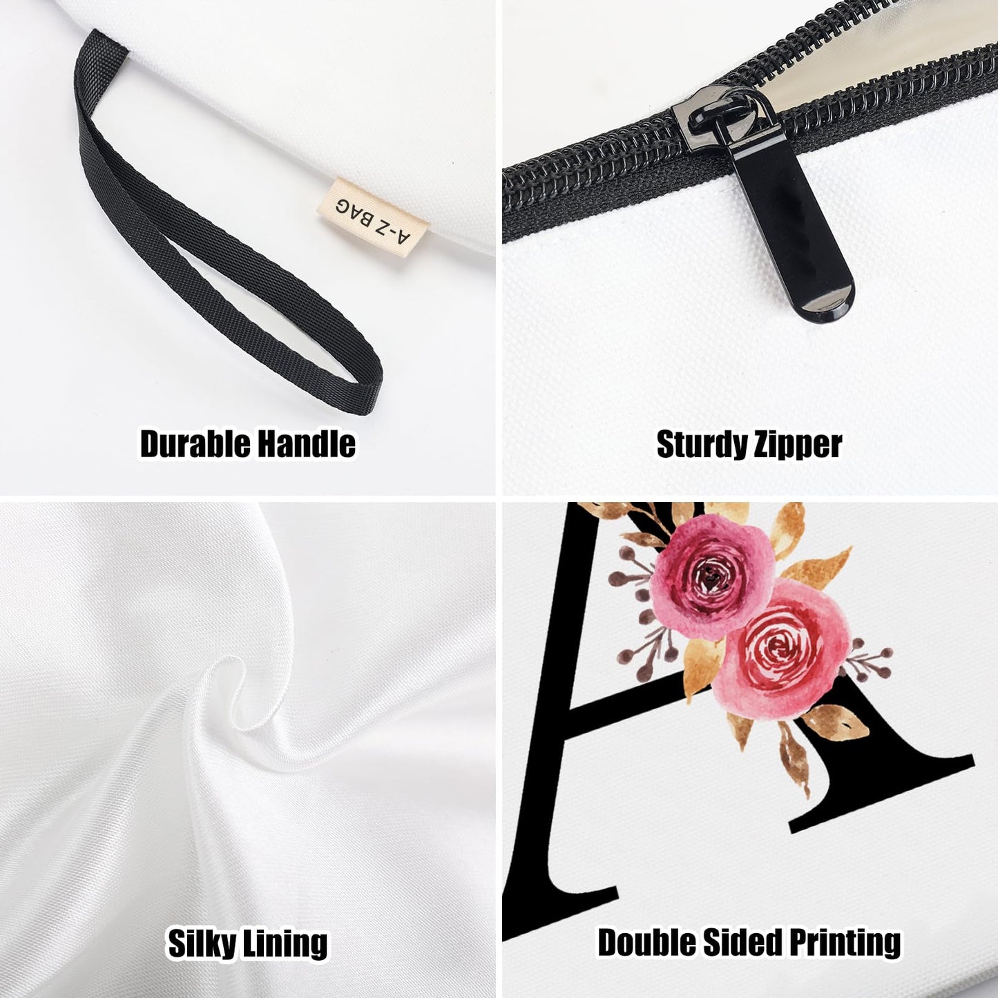 A-Z BAG Personalized Makeup Bag, Birthday Gifts for Women Mom, Gifts for Best Friend, Bride Bridesmaid Cosmetic bag (S, White)