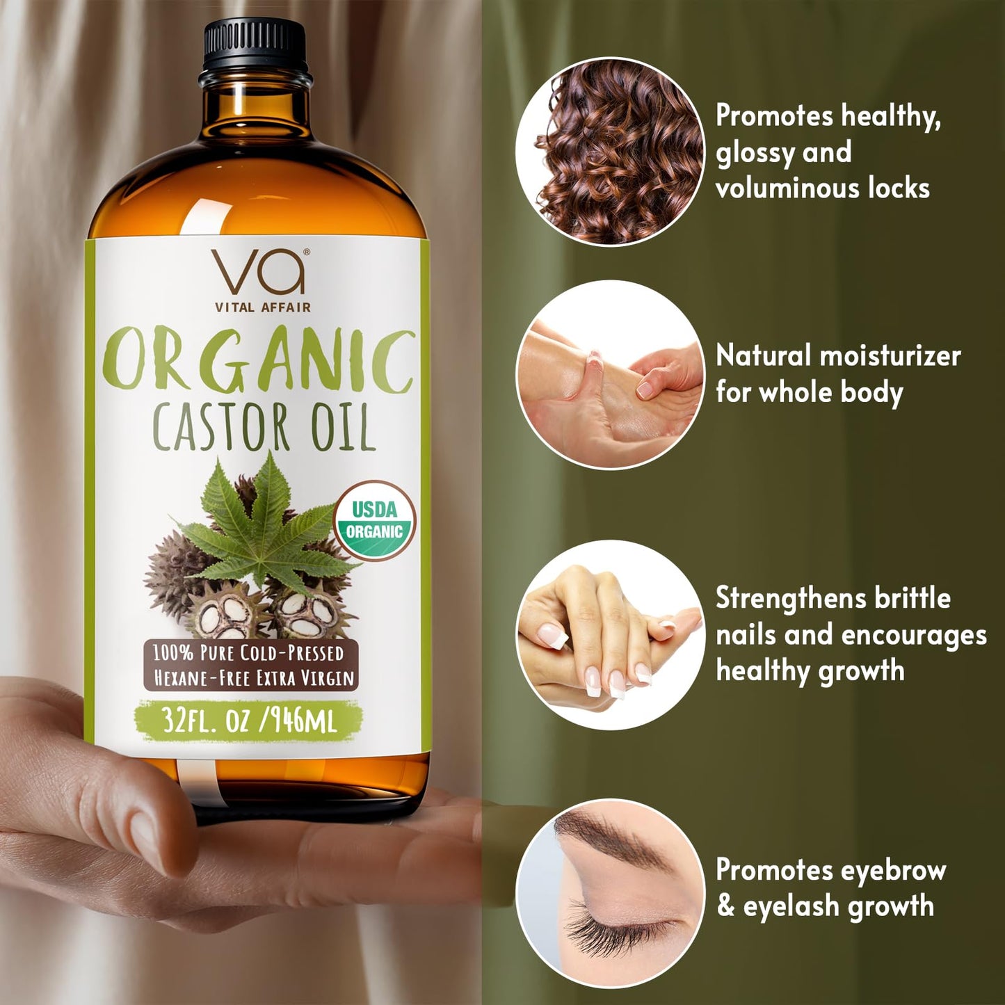 VITAL AFFAIR Pure Organic Castor Oil 32oz – Cold Pressed, Unrefined, USDA Organic – Glass Bottle for Hair Growth, Eyelashes, Eyebrows, Face & Castor Oil Packs