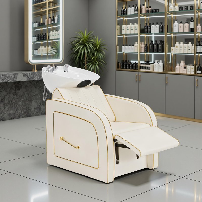 BarberPub Backwash Shampoo Chair and Bowl Set, Adjustable Porcelain Ceramic Wash Bowl Sink Unit, Luxurious Shampoo Station Chair for Spa Beauty Salon Hair Salon 9175 (Luxurious, Cream White)