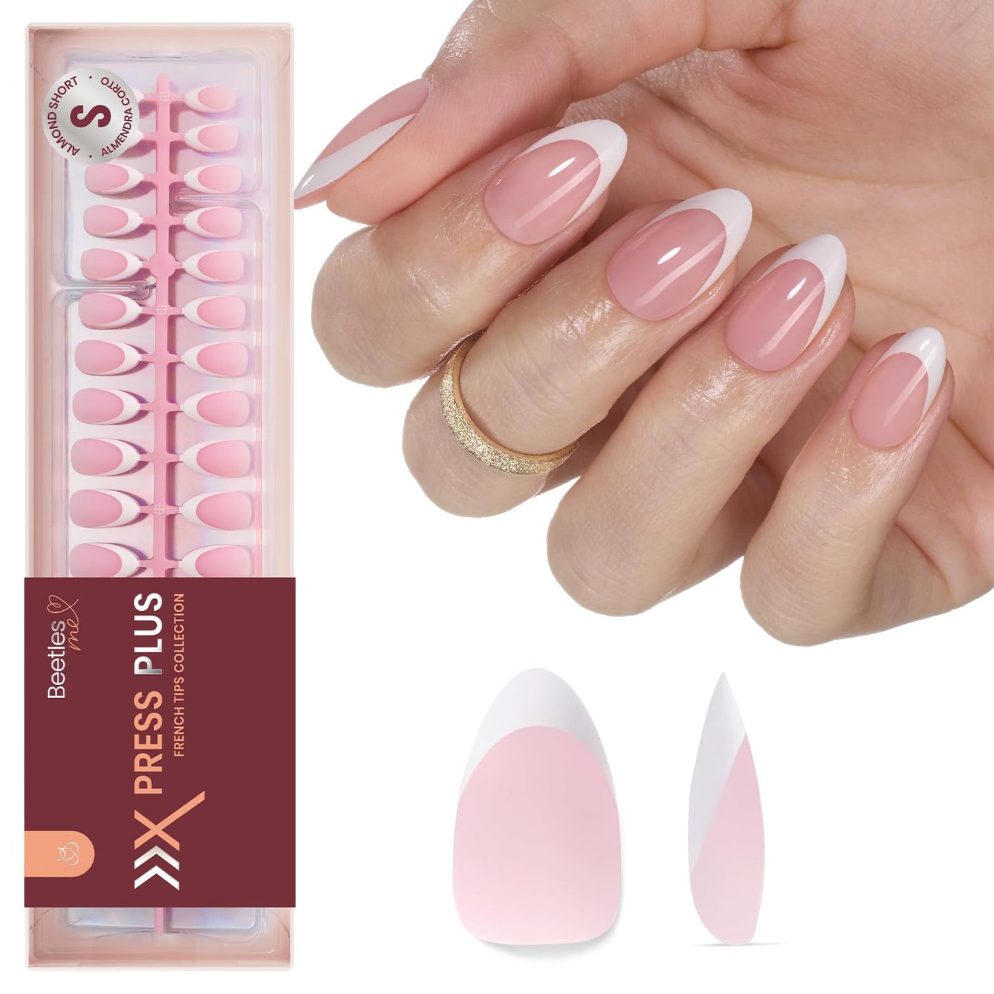 Beetles French Tips Press On Nails: 224 Pcs Pink Short Almond Press On Nails, Reusable Acrylic Nail Tips Soft Gel Nail Tips False Nails Art DIY for Women,16 Sizes