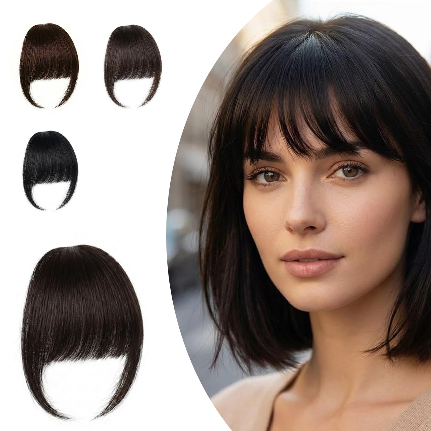 Ever Beauz Natural Wispy Bangs Hair Clip, 100% Remy Human Wig, Soft Feathered Fringe with Temples for Instant Face-Framing, Easy Snap-On Hairpiece (Brown Black)