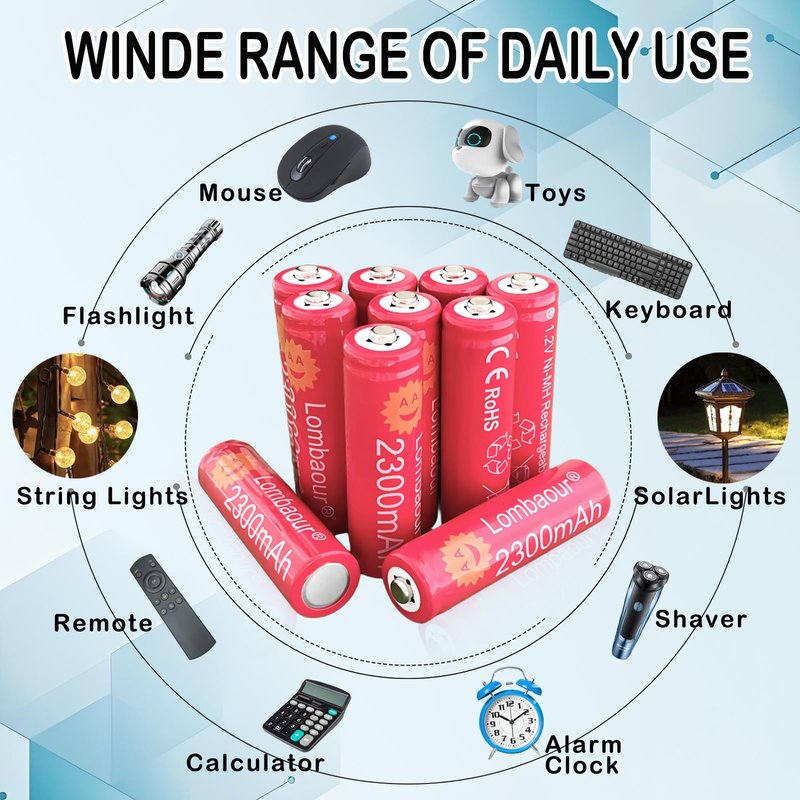 Lombaour 4 Pack 1.2v Double A 2300mAh Long Life Rechargeable Low Self-Discharge Battery,High Capacity High End AA NiMH Lar Kight Batteries for Spot Light,Dive Light,Wireless Keyboard