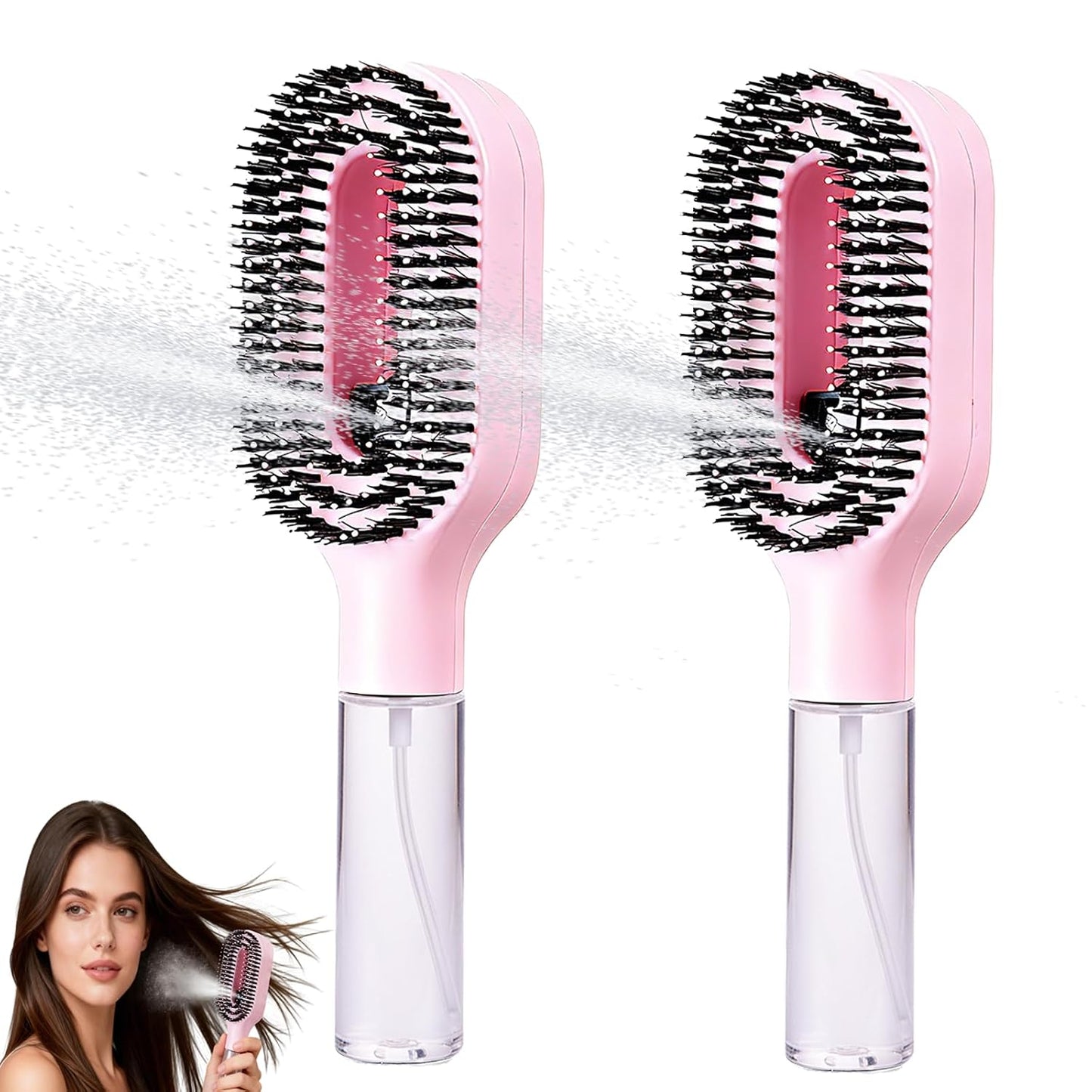 Hair Brush with Water Spray - 2-in-1 Detangling Tool for Frizz Control | Portable Mist Comb for Thick, Curly & Fine Hair - Green