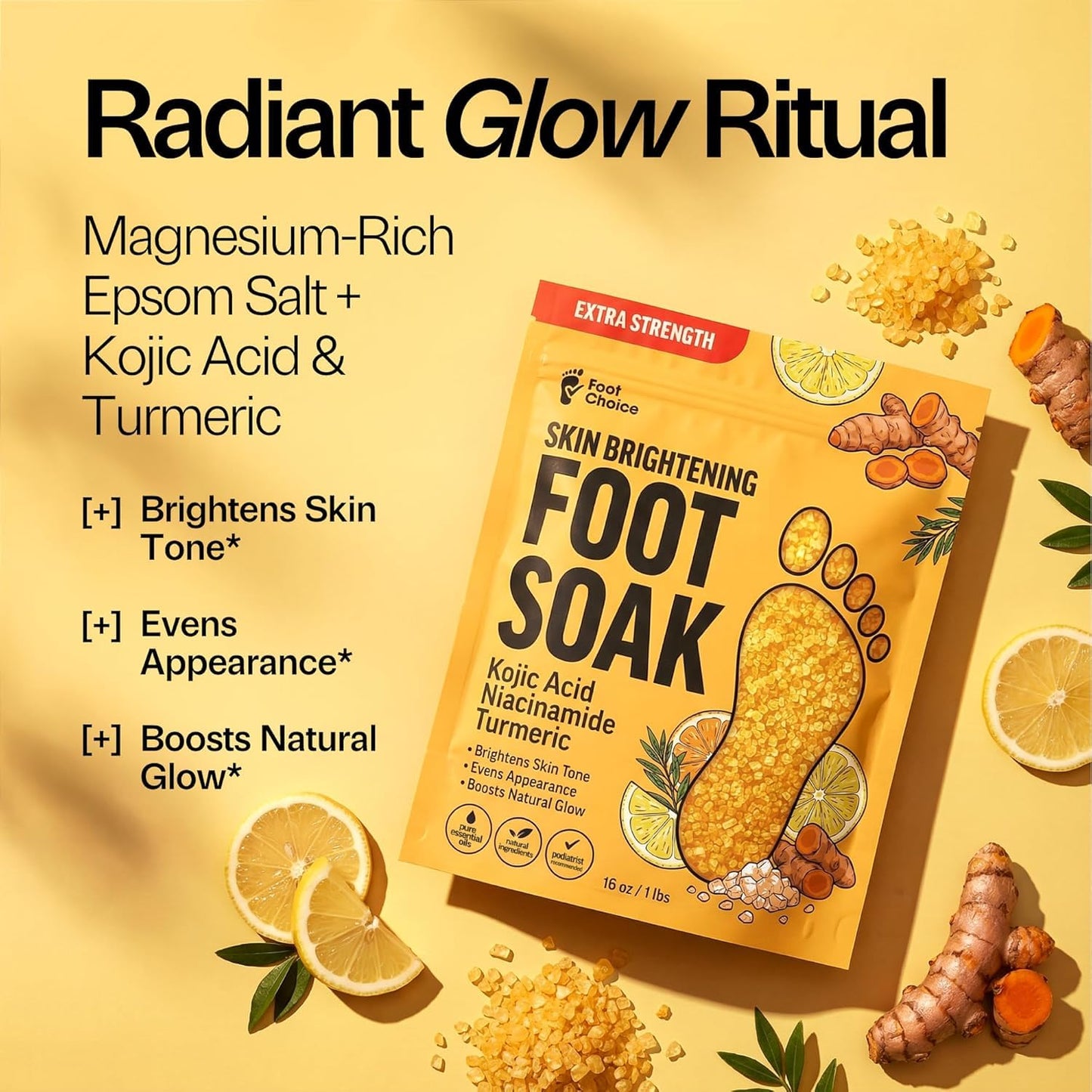 Foot Choice Skin Brightening Foot Soak with Kojic Acid & Niacinamide - Evens Skin Tone, Boosts Glow & Softens Calluses - Turmeric & Vitamin C - 2 Pack