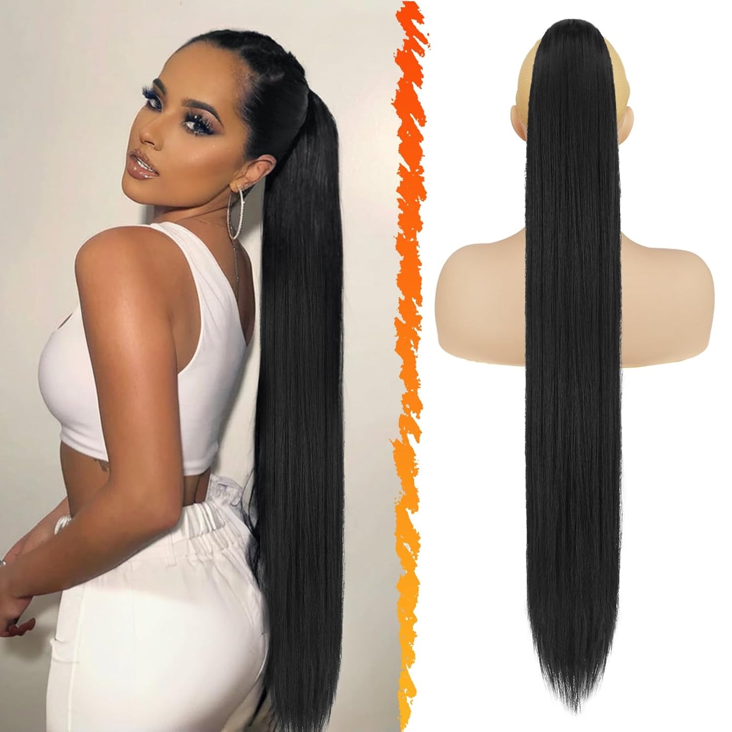 Long Straight Ponytail Extension - 26 Inch Brown Synthetic Clip-In Hairpiece for Women | Light Brown Mixed