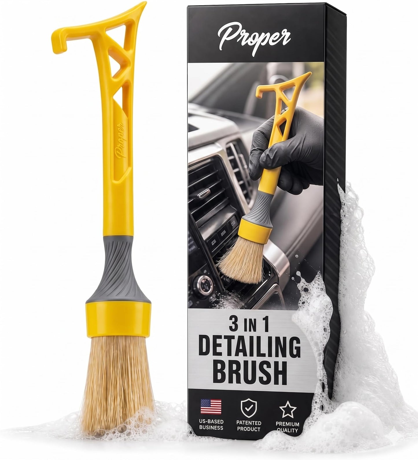 Boars Hair Detailing Brush, 3 in 1 Patent Pending in House Design from Proper. Detail Automotive Interior or Exterior, get Professional Results with Proper Detail Brushes Car Detailing