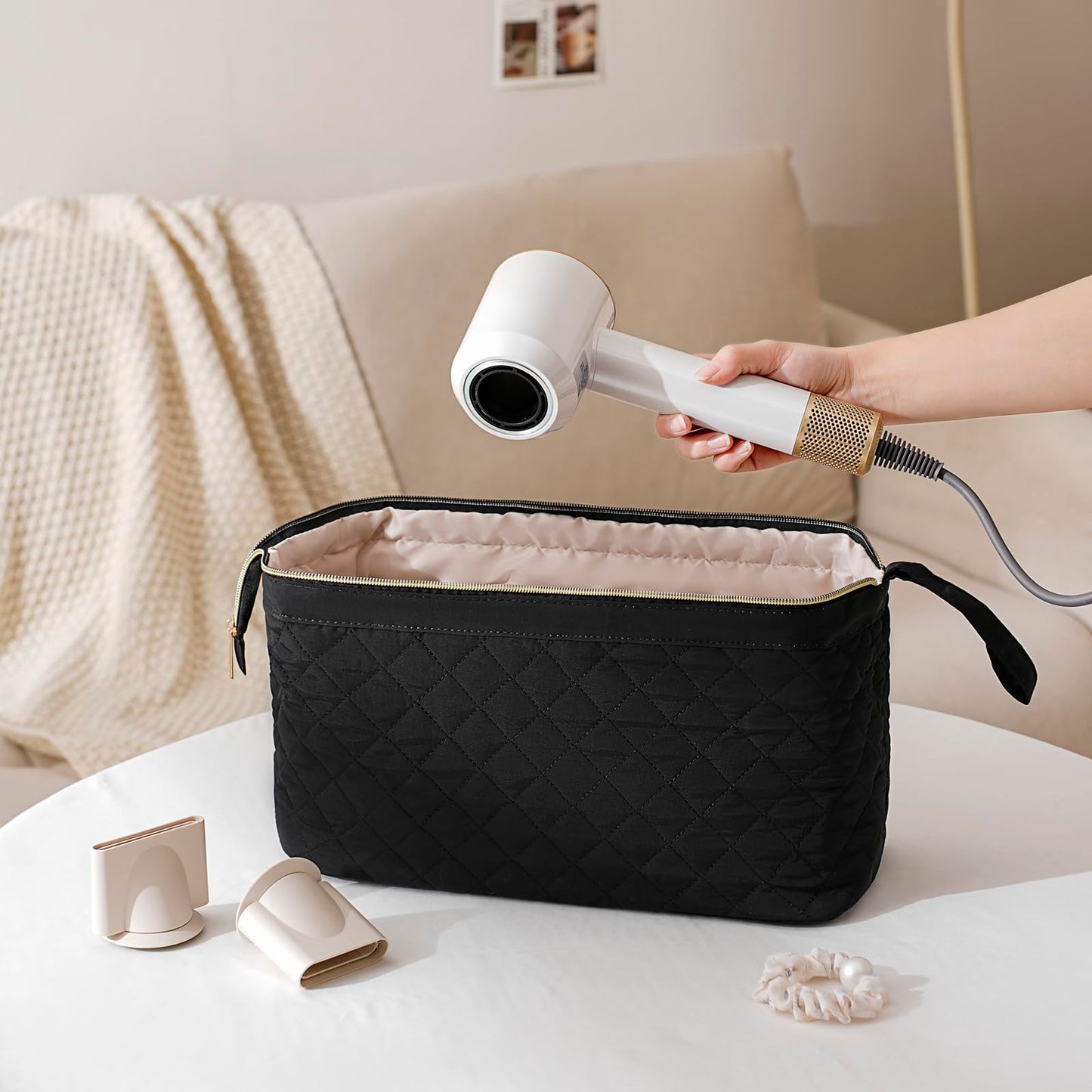 Lestikave Large QuiltedHair Tools Travel Bag, Water-resistant Hair Styling Accessories Storage Case for Flat Irons,Straightener,Curling Iron,Hair Dryer and Attachments, Cute Portable Organizer(Black)