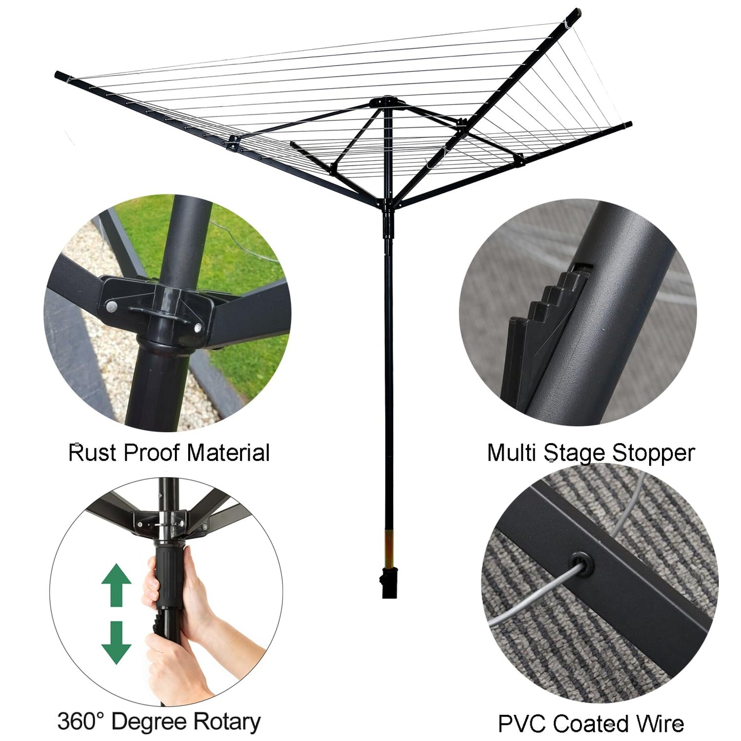 Nisorpa Outdoor Umbrella Drying Rack,12 Lines with 165 Feet Umbrella Clothesline Outdoor Dryer Clothes Line, 4 Arm Steel Frame Adjustable Height Retracting Collapsible Clothes Drying Rack for Backyard