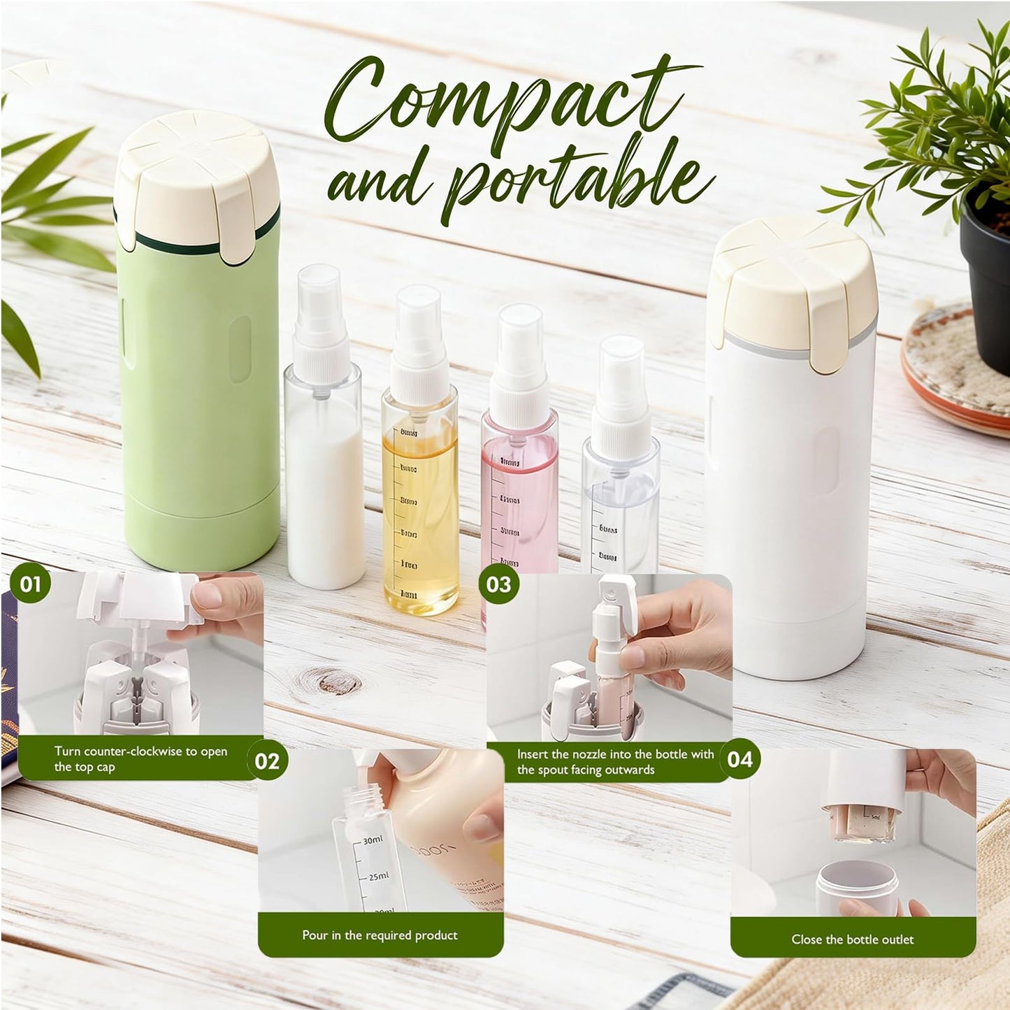 4 in 1 Travel Dispenser Bottles, Leak Proof Travel Bottles for Toiletries, 4 Pack 30ML Refillable Travel Size Containers for Shampoo, Onditioner, Travels Essentials (Green)